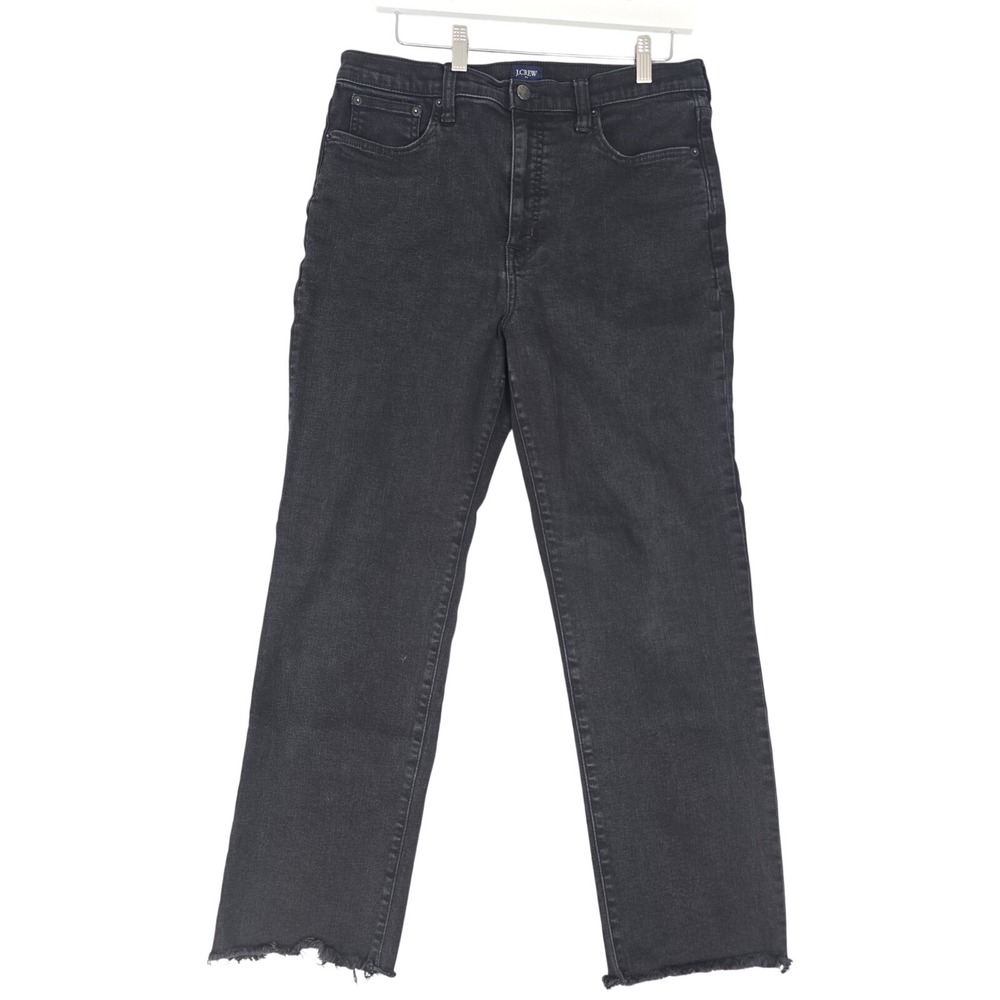 J.Crew Stovepipe High Rise Jeans 31x26 Black Stretch Denim Straight Leg Raw Hem